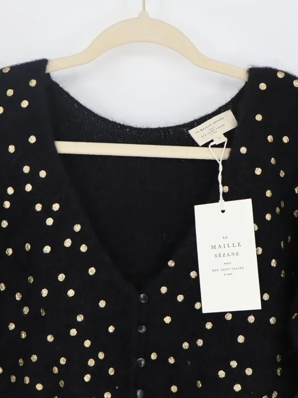 Sézane Lizy Cardigan Black Gold Metallic Dot Mohair Wool Blend Sweater Small - Image 3