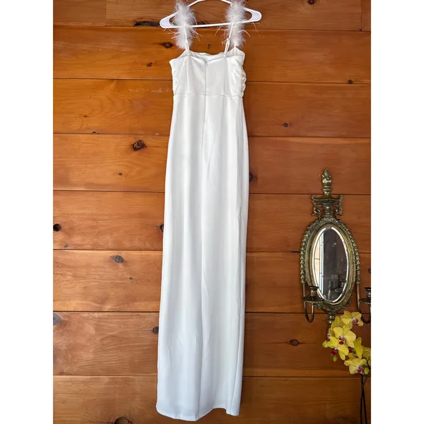 Lulus Dramatic Promise White Feather Strap Ruched Column Maxi Dress Classy XS - Image 4