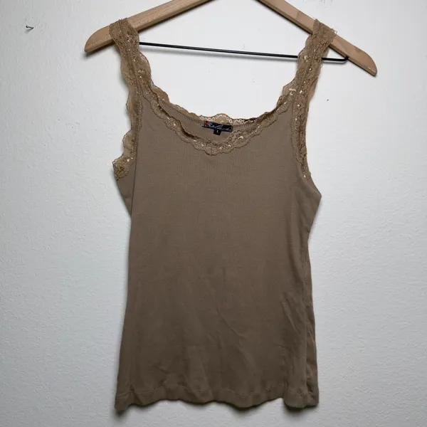 NEW Splash Women 100% Cotton Goblincore Cami Lace Top L Brown Ribbed Fairy‎ - Image 2