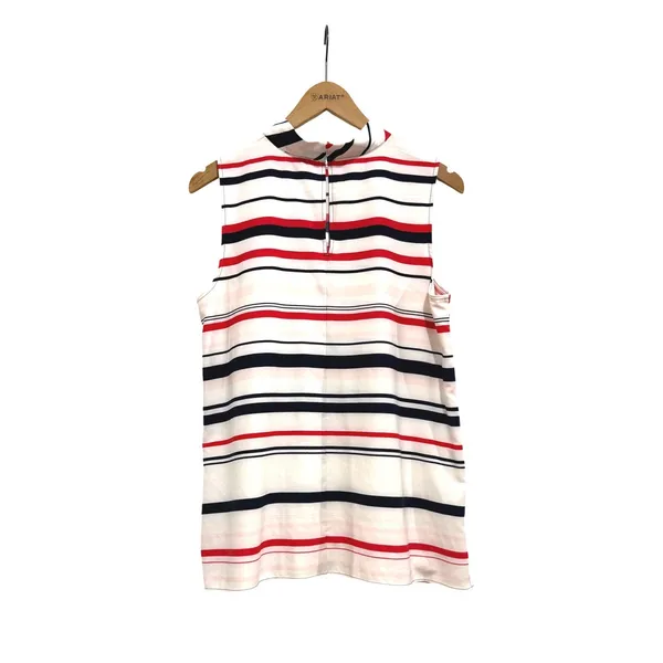 Ann‎ Taylor Factory Womens Mock Neck Sleeveless Striped Blouse Red Navy White M - Image 2