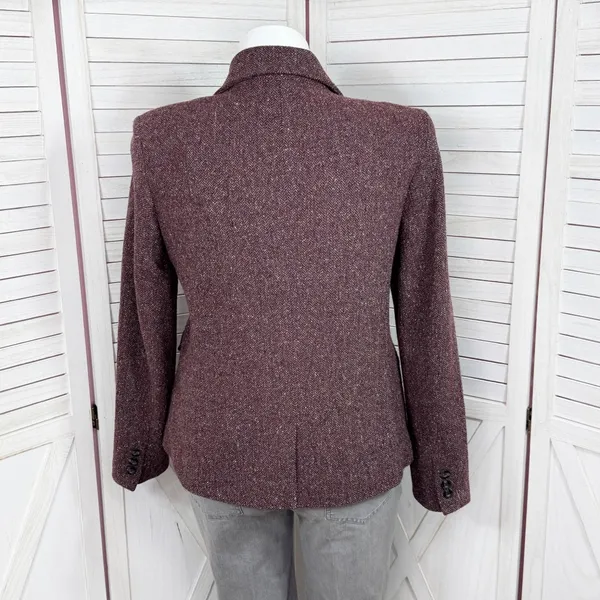Vintage L.L. Bean Tweed‎ Blazer Large Burgundy Herringbone Wool Silk Blend Maroo - Image 4