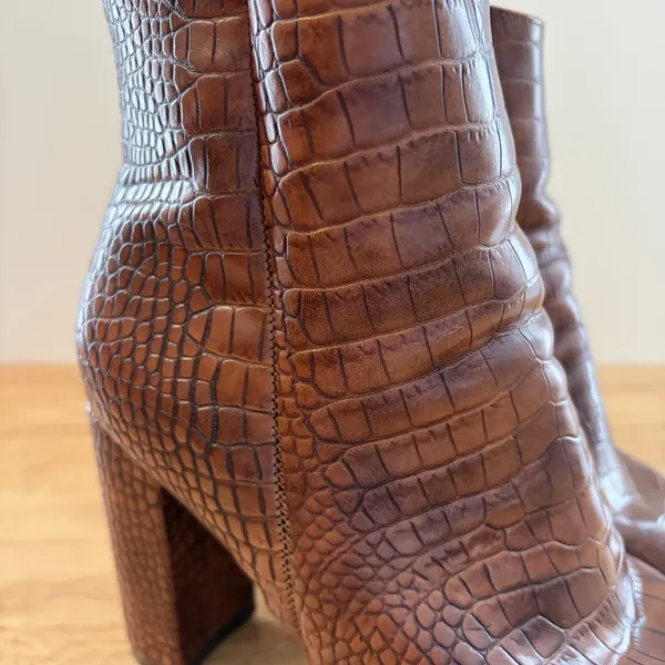 Bamboo Crocodile Embossed Brown Ankle Boots Bellflower 7 Block Heel‎ Booties - Image 2