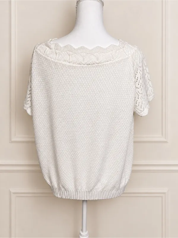 Vintage Ivory Pointelle Knit Flutter Sleeve Scalloped Sweater Top - Image 6