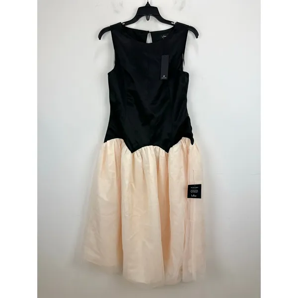 Lulus Contemporary Elegance Black and Cream Satin Tulle Midi Dress Large NWT - Image 4