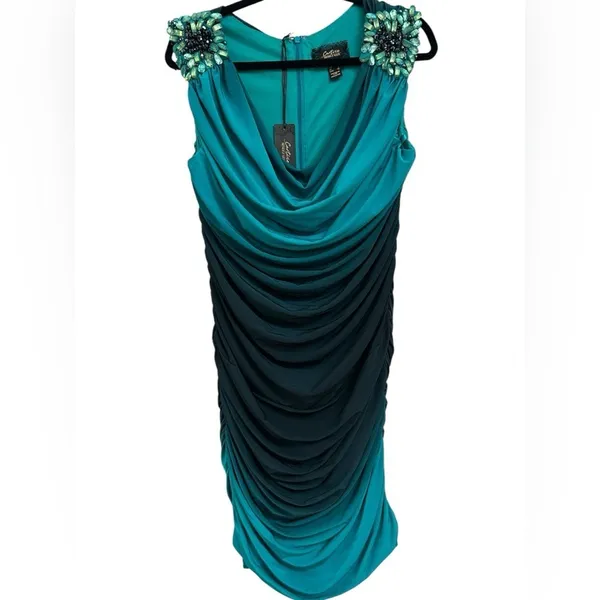 NWT‎ Cocktail Bodycon Embellished Bead Ombre Teal Blue Ruched Zip Mini Dress 12 - Image 2