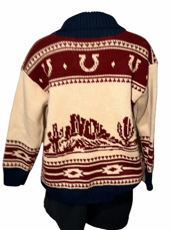 NWOT Altar'd State Bonnie Horse Knit Cream Navy Shawl Collar Cardigan Western - Image 7