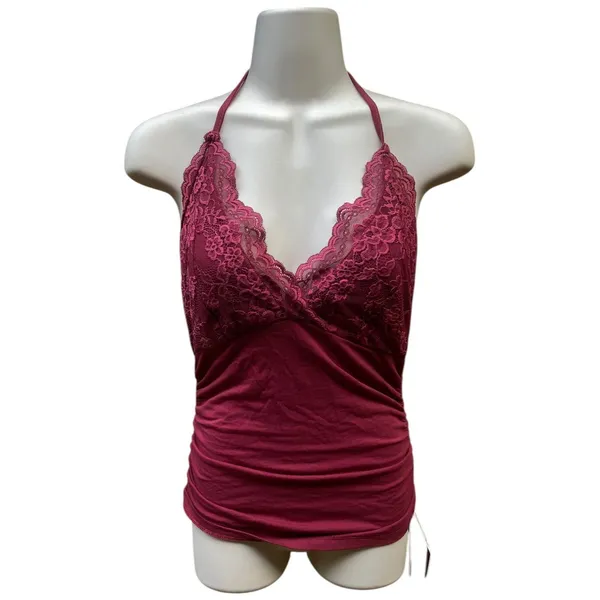 Romwe Whimsigoth Y2K Size S Top Contrast Lace Ruched Tie Back V-Neck Top Vest Red - Image 4