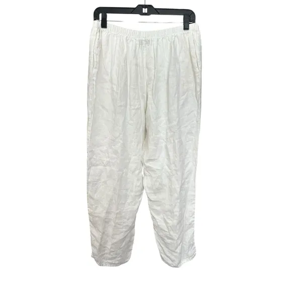 FLAX Pants Women's Medium 100% Linen Pant Wide Leg Pockets Elastic‎ White #J10-7 - Image 3