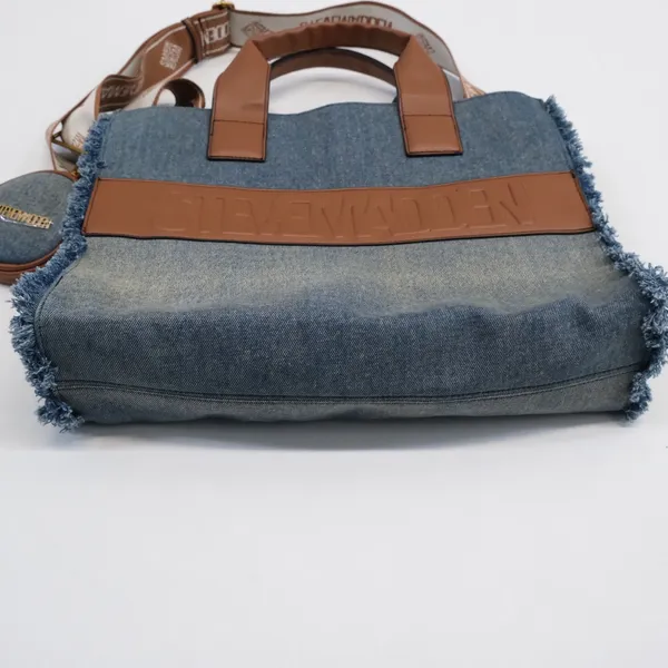Steve Madden Tote Bag Women Blue Denim Frayed Log Large Satchel - Image 10