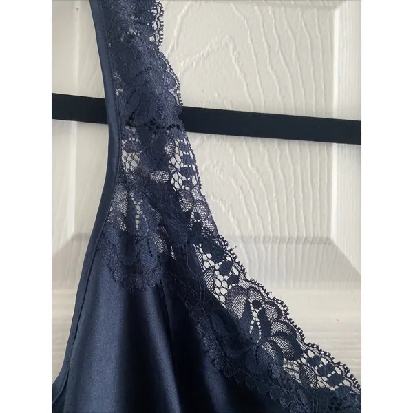 Vintage Lace Trim Satin Full Slip Womens Size M Navy Blue Lingerie Nightgown - Image 3