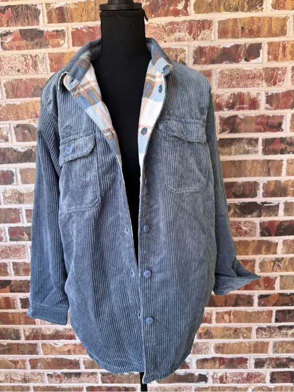 Love Tree Reversible Slate Blue Corduroy Plaid Fleece Shacket Jacket Women’s XL - Image 8