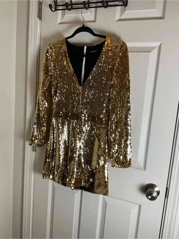 HAODUOYI Gold Sequin V-Neck Long Sleeve Party Romper - Size Medium - Image 2