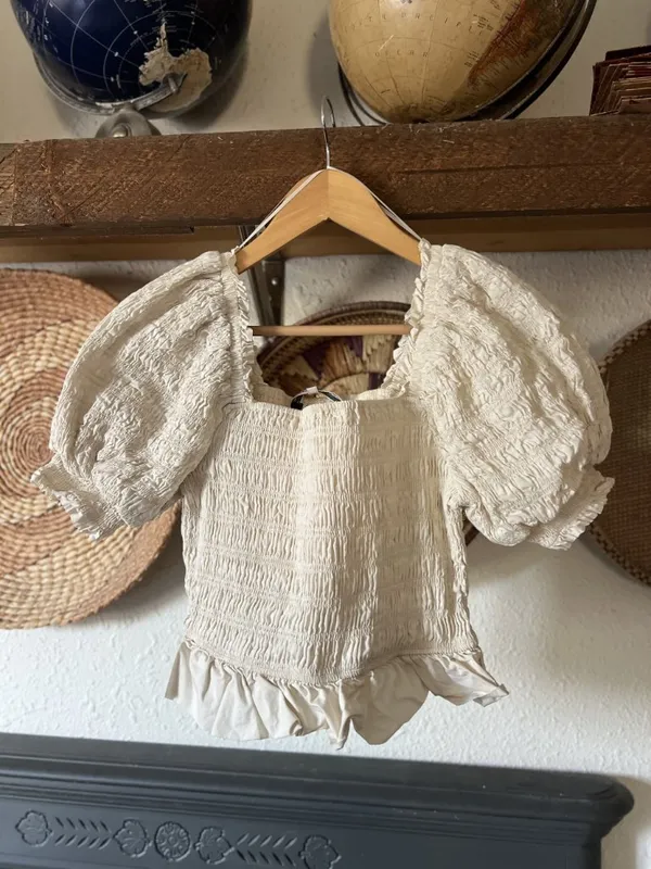 Smocked English Factory top with puff sleeves, neutral cream cottage small - Image 2