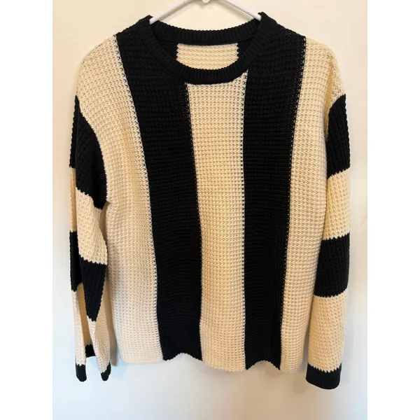 Unbranded Waffle Knit Sweater Women M Black Cream Excellent Striped Pullover - Image 2