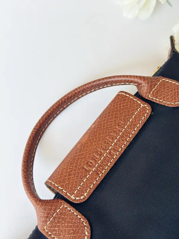 Longchamp Small Le Pliage Original Pouch Nylon Bag in Black with Brown Trim - Image 4
