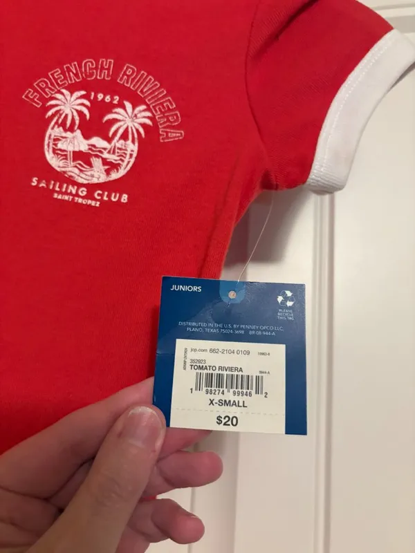 Arizona Jean Co Crop Top French Riviera Graphic XS Xtra Small Tomato Red NEW NWT - Image 2