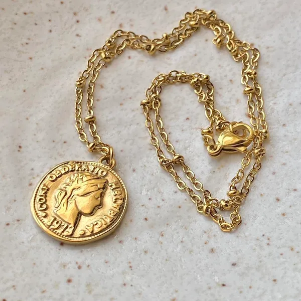 Handmade fully gold tone stainless steel antique vintage chic style coin necklace✨ - Image 3