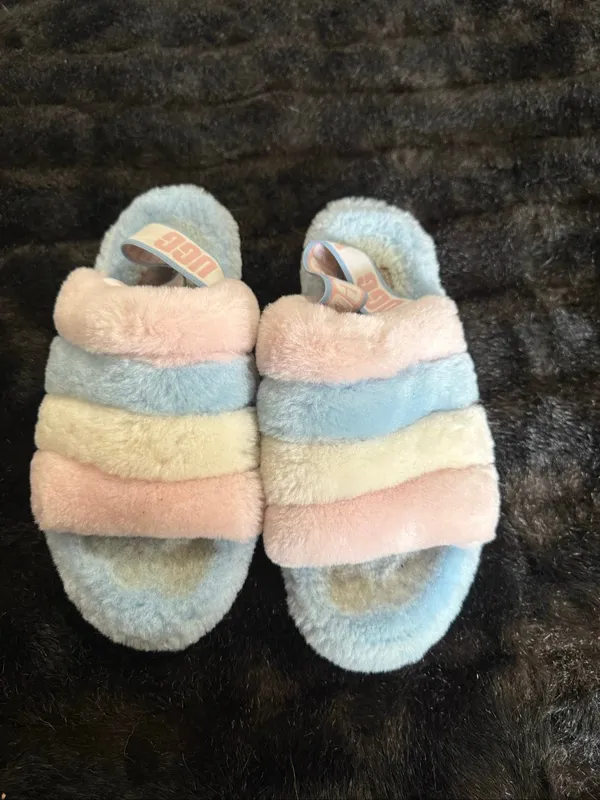UGG Women’s 7 Fluff Yeah Light Blue Pink Pride Slide Sandals - Image 2