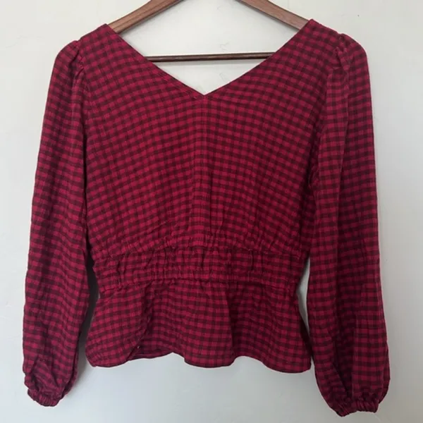 Madewell Red Gingham Plaid Peplum Blouse XS Smocked Tie Front Balloon Sleeve Top - Image 6