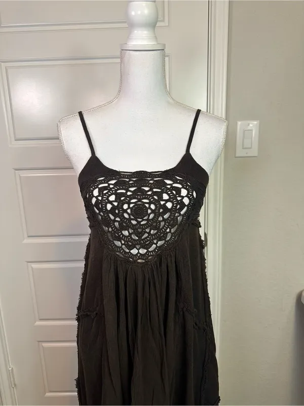 Free People Boho Lightweight Cotton Crochet Bodice Gauzy Dress in Brown Size XS - Image 3