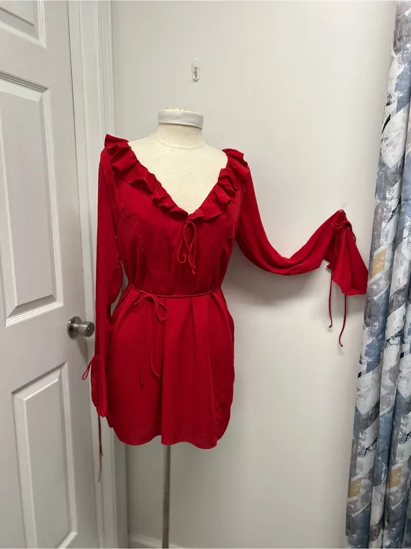 Red Ruffled V-Neck Long-Sleeve Mini Dress - Image 2