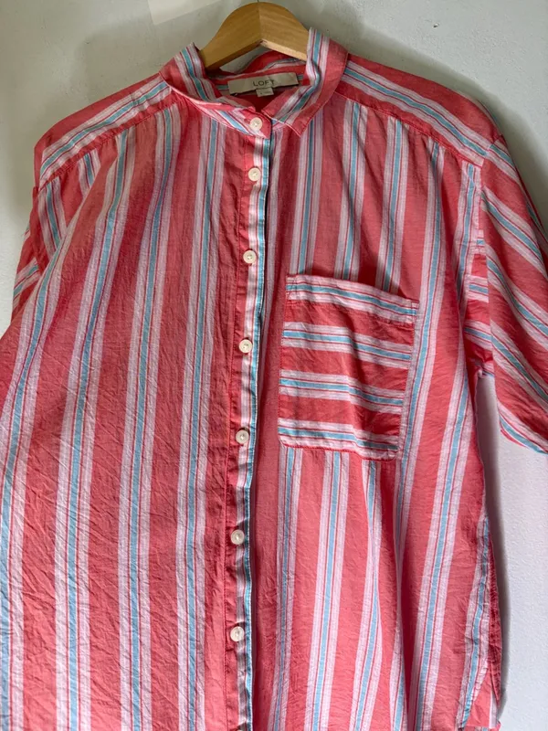 Loft Light Weight Cotton Collar Button Down Oversized Red Blue‎ White Stripe s - Image 3