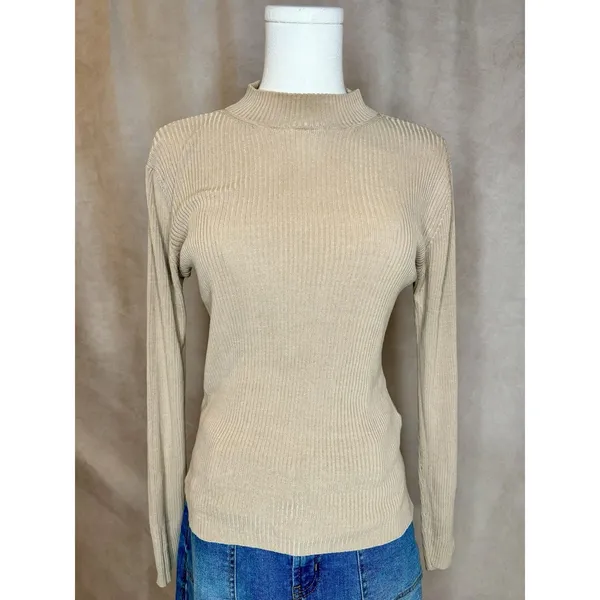 Vtg Best Connections Silk Ribbed Mock Neck Sweater Top Beige Size 10/12 - Image 2