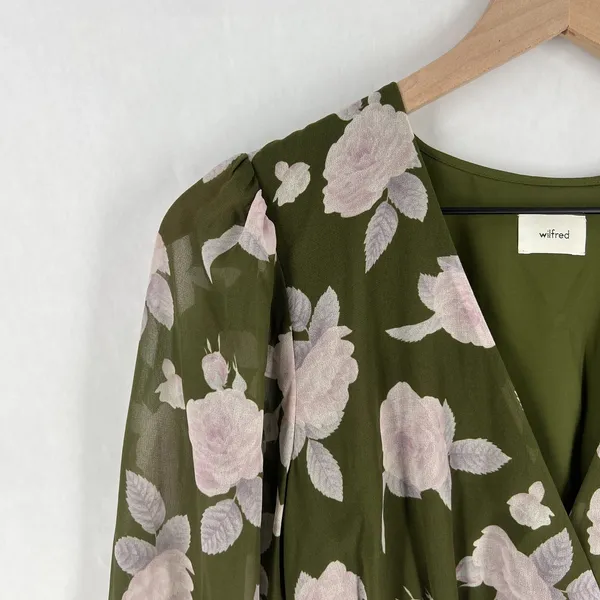 Aritzia‎ Wilfred Wistful Mini Dress Womens M Green Floral Smocked Surplice Neck - Image 3