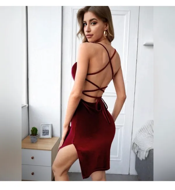 SheIn Strappy lace up backless Velvet Bodycon Dress in Burgundy - Image 4