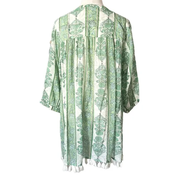 Roller Rabbit Tasseled Abstract Caftan Cover Up Dress Green White Floral Small - Image 4
