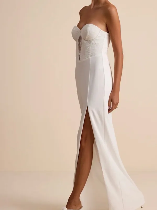 Lulu's Strapless White Lace Bustier Gown with Thigh Slit - Image 4