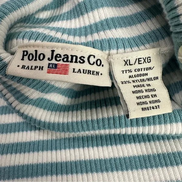 Y2k Polo Jeans Co by Ralph Lauren Blue White Striped Knit Turtleneck Size XL - Image 7