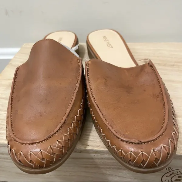 Nine West Juanita Brown Leather Braided Slip On Flat Mules‎ 10 - Image 7