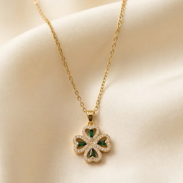 Elegant Gold Necklace with Four Leaf Pendant with Green Stones - Image 6
