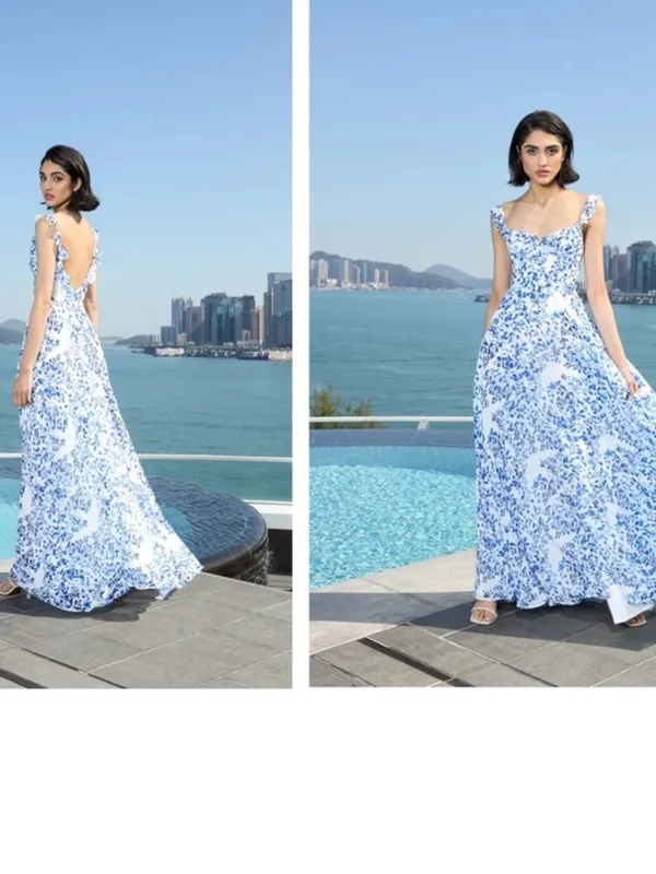 NWT Sau‎ Lee Womens Evangeline Blue Chiffon Printed Evening Dress Gown Size 10 - Image 5