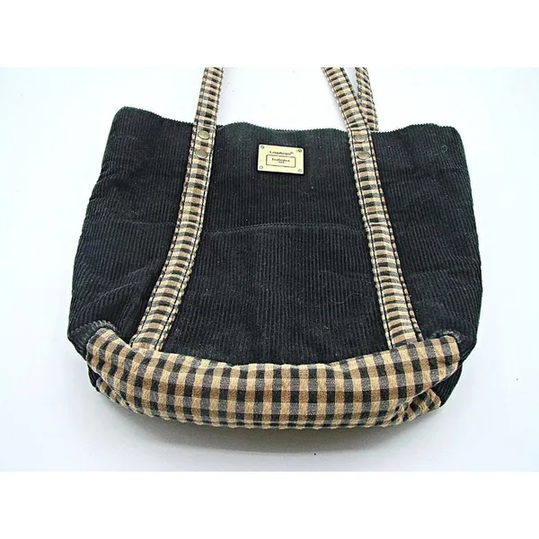 Longaberger Corduroy Plaid Tote Bag Purse Black Tan Khaki Check Homestead 9.5x10 - Image 2
