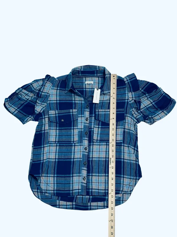 Pilcro Anthropologie Plaid Puff Short Sleeve Blouse - Image 4