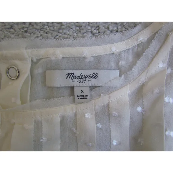Madewell‎ Silk Blouse S Cream Swiss Dot Pleated Snap Button Back 06675 FA13 - Image 6