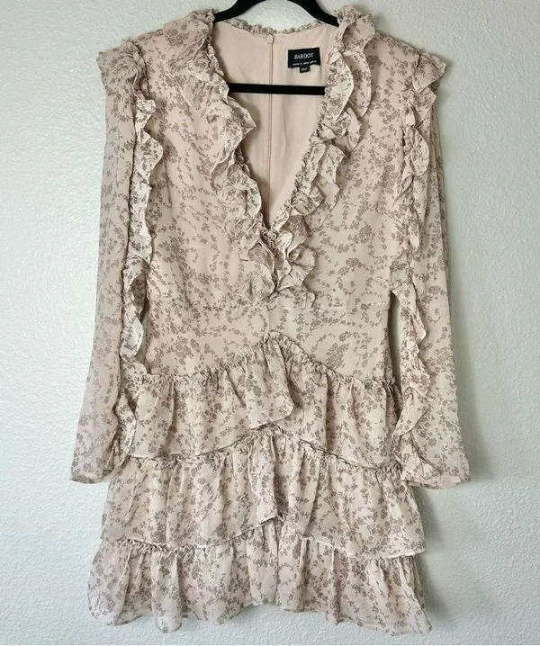 Bardot Alessia Tan Frill Ruffled Long Sleeved Mini Dress Size Medium 8 - Image 4