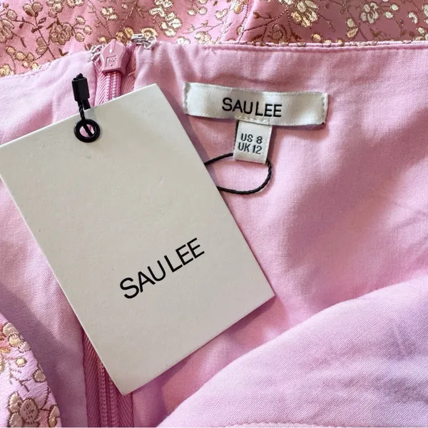 SAU LEE Arabella Mini Dress in Candy Pink Jacquard Floral Bow Puff Sleeve US 8 - Image 8