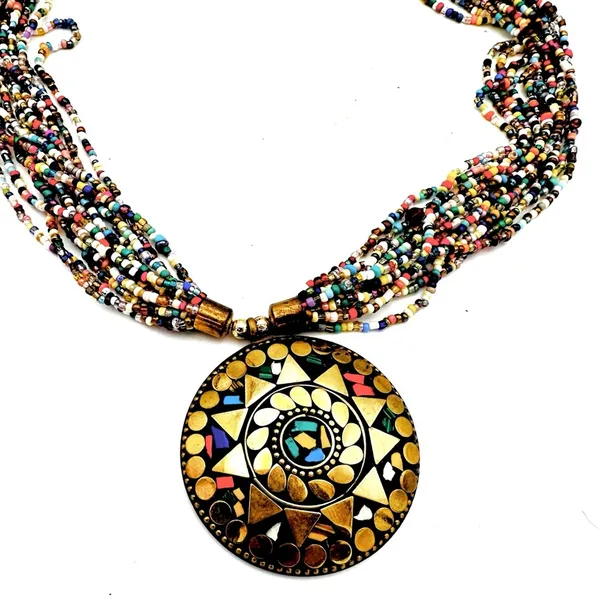Tribal Beaded Statement Necklace Gold - Image 4