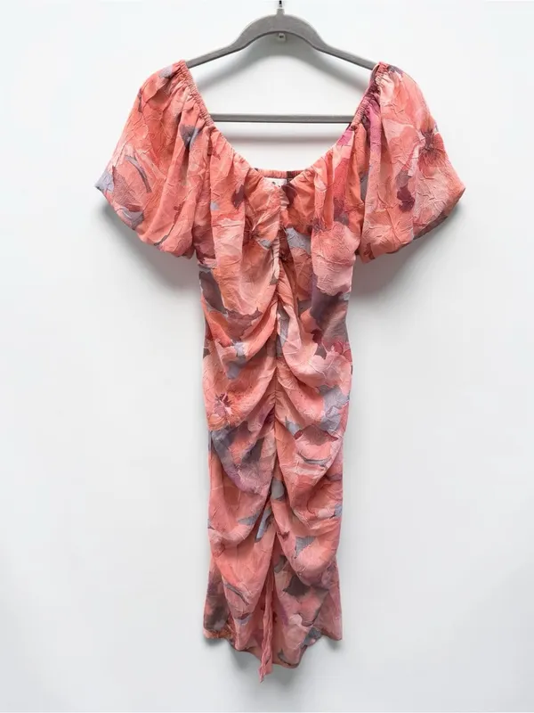 Socialite Pink Floral Ruched Puff Sleeve Midi Dress Size XS - Image 3
