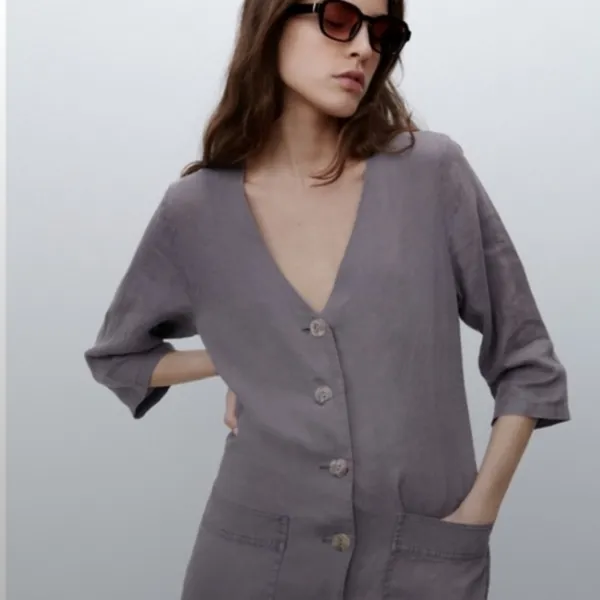 ZARA Lillian Gray Linen Jumpsuit Button-Down Linen Romper Women’s Size Medium - Image 3