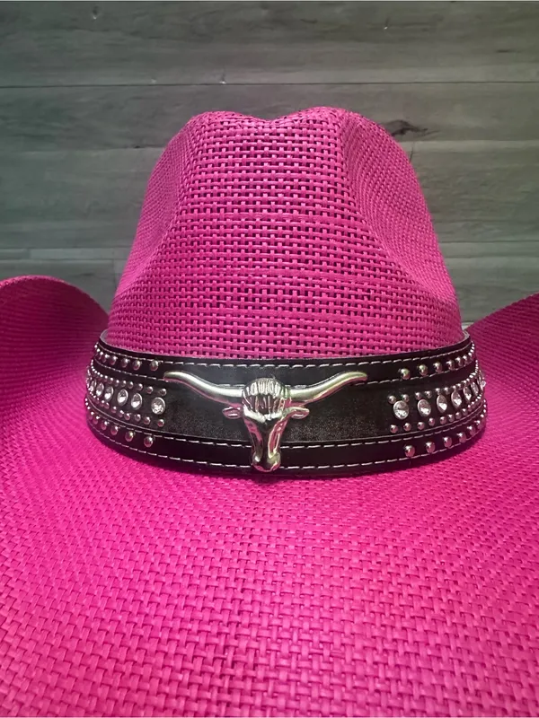 Silver Rodeo Women's Pink Straw Cowboy Hat with Studded Western Band - Image 5