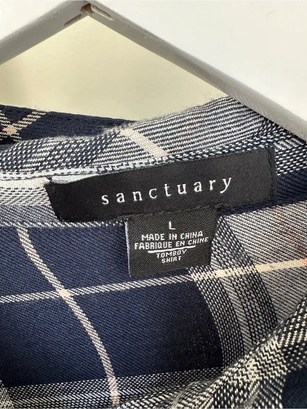 Sanctuary Women’s Navy & White Plaid Button-Up Roll Tab Shirt Size Large - Image 7