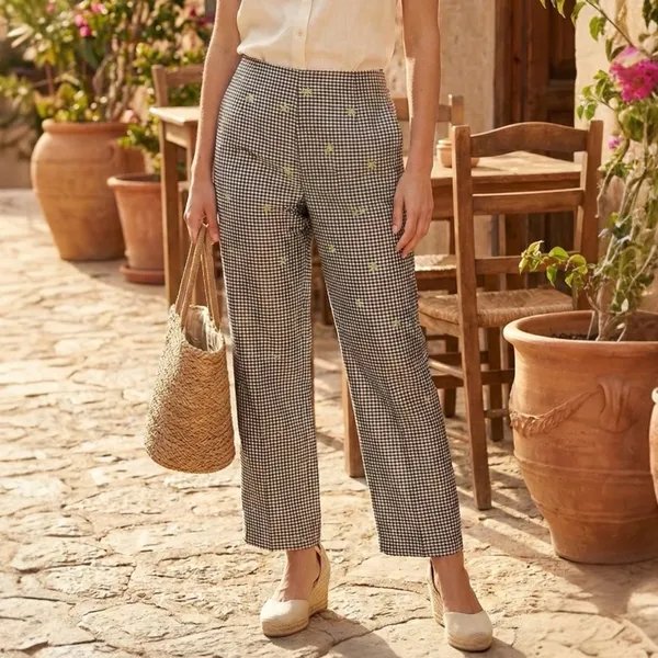 Peter Martin Vintage Silk Trousers Gingham Palm Tree Embroidered Size 8 - Image 8