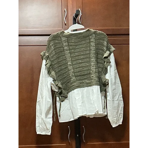 MIOU MUSE T5339 Olive Knit Ruffle Sweater White Blouse Top Size M NWT - Image 2