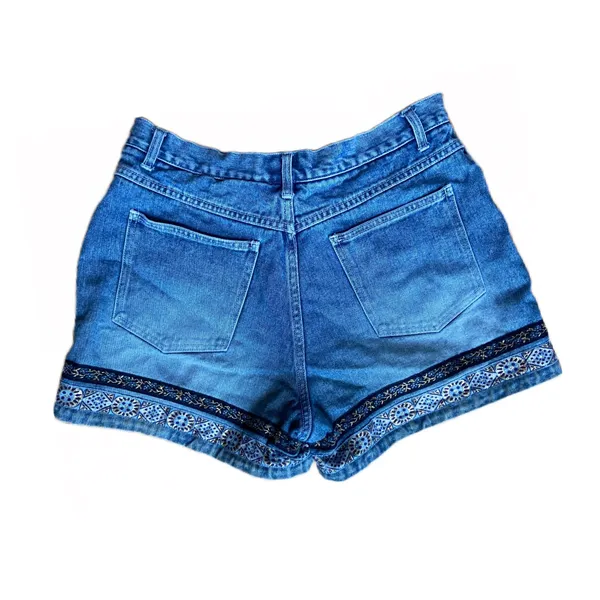 Vintage Y2K Boho Blue Denim Shorts with Decorative Hem 🔥 - Image 2