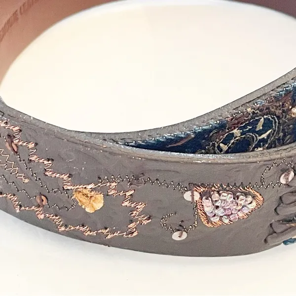 Chico’s Women’s Vintage Tooled‎ Embroidered Leather Belt Denim Sequins - Image 3