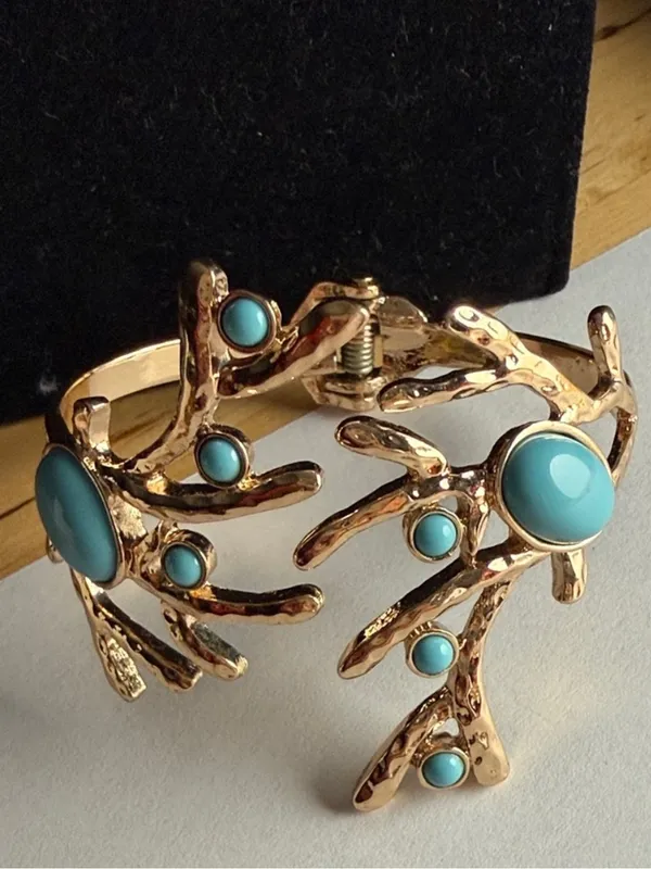 $58 Sundance Coral-Inspired Turquoise Gold Cuff Bracelet | NWOT | Coastal Boho - Image 7